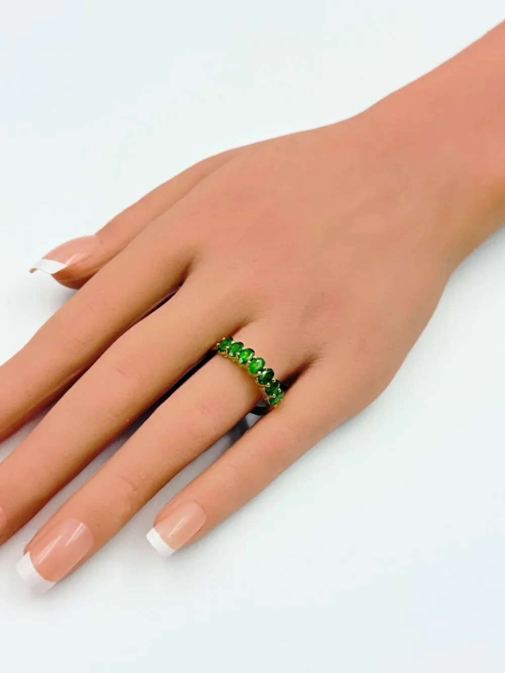 Contemporary Marked Sterling Silver 7 Green Tourmaline Stones Half Eternity Band